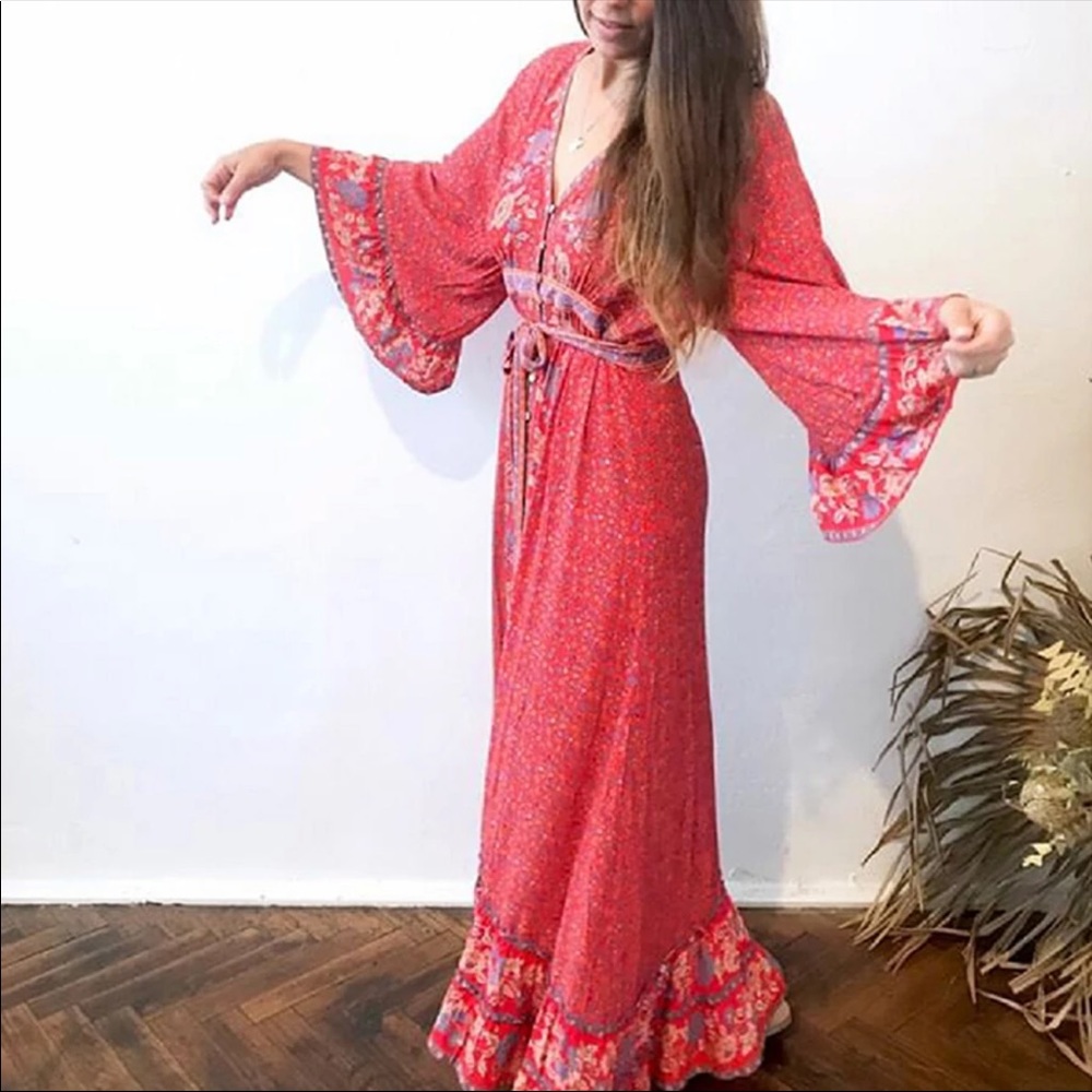 Red Boho Floral Gypsy Print Maxi Dress Kimono - Picture 3 of 11